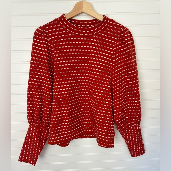 Madewell Puff-Sleeve Mockneck Red Sweater in Bow-Tie Jacquard - Picture 7 of 8
